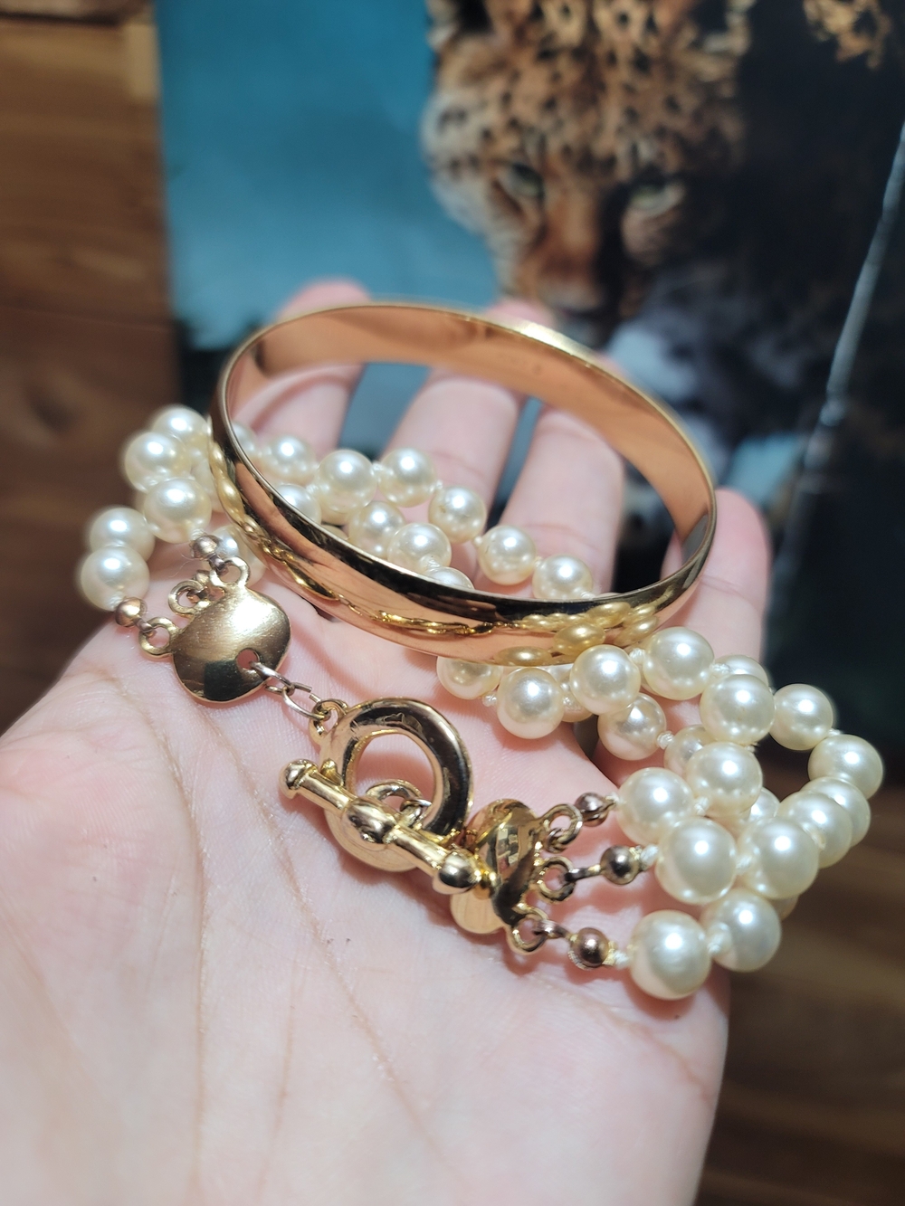 Monet Gold-Tone Bangle with Ivory Pearl Multi-Strand Bracelet